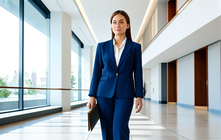 **

"A professional female architect standing in a brightly lit, modern office building lobby, wearing a tailored blazer and slacks, fully clothed, holding blueprints, appropriate attire, safe for work, perfect anatomy, natural proportions, professional photography, high quality, family-friendly, architectural design in background."

**