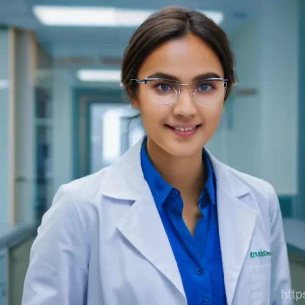 임상병리사 인턴십 경험기 - A young, nervous clinical pathologist intern, wearing a crisp, clean white lab coat over professiona...