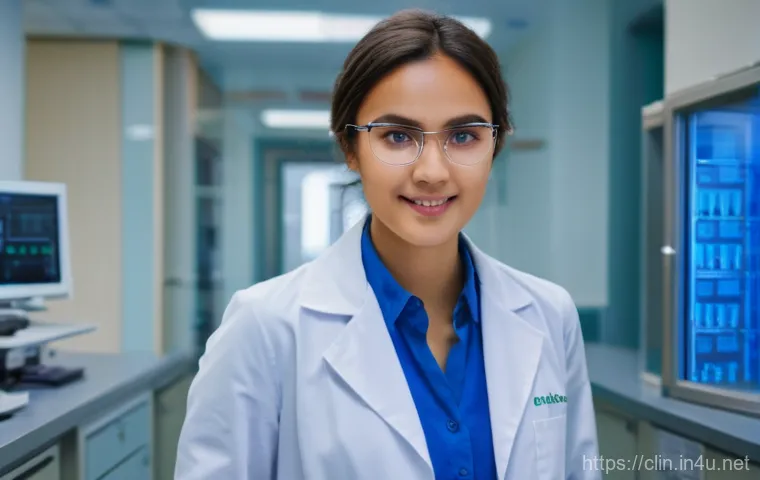 임상병리사 인턴십 경험기 - A young, nervous clinical pathologist intern, wearing a crisp, clean white lab coat over professiona...