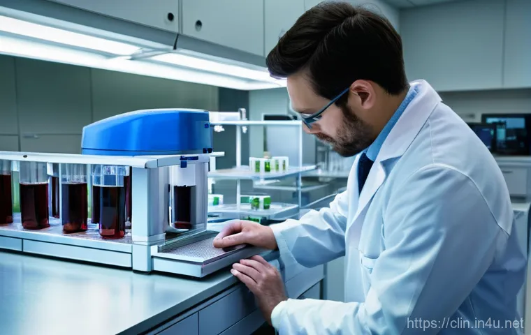 임상병리사 인턴십 경험기 - A young, nervous clinical pathologist intern, wearing a crisp, clean white lab coat over professiona...