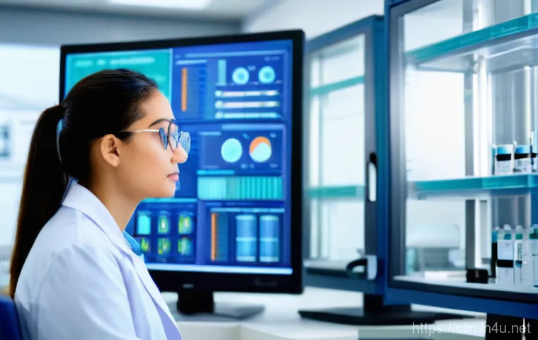 임상병리사 인턴십 경험기 - A highly focused clinical pathologist, appearing to be in their early career, meticulously examines ...