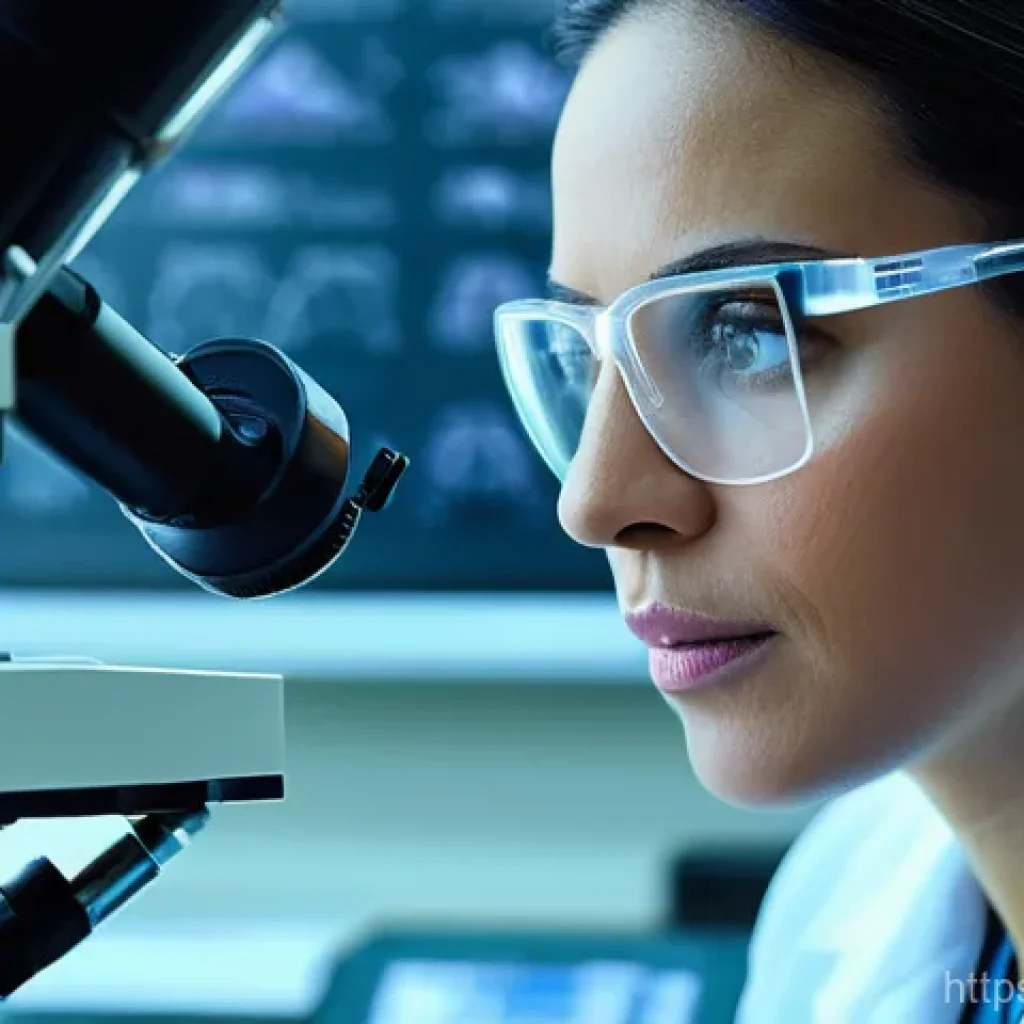 임상병리사와 병리 슬라이드 분석 - A focused female clinical pathologist, mid-30s, wearing a clean white lab coat and safety glasses, i...