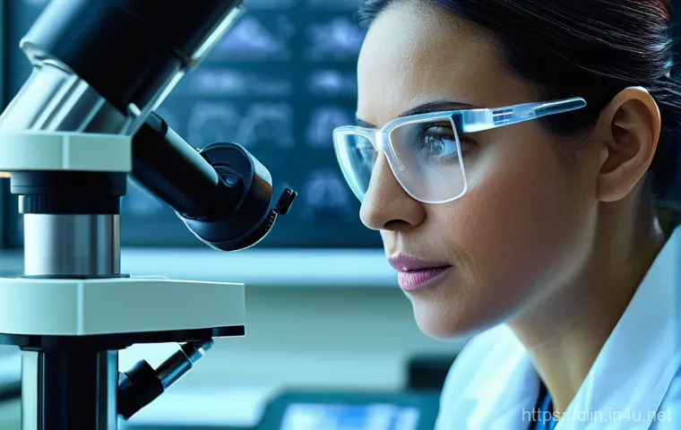 임상병리사와 병리 슬라이드 분석 - A focused female clinical pathologist, mid-30s, wearing a clean white lab coat and safety glasses, i...