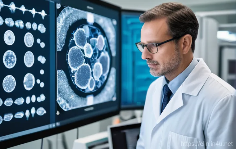 임상병리사와 병리 슬라이드 분석 - A focused female clinical pathologist, mid-30s, wearing a clean white lab coat and safety glasses, i... 임상병리사와 병리 슬라이드 분석 - A focused female clinical pathologist, mid-30s, wearing a clean white lab coat and safety glasses, i...