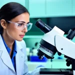 임상병리사 필수 학습 과목 - A focused female clinical pathologist, wearing a neat white lab coat and safety glasses, meticulousl...