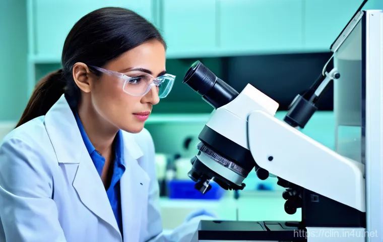 임상병리사 필수 학습 과목 - A focused female clinical pathologist, wearing a neat white lab coat and safety glasses, meticulousl...